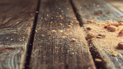 Rustic Breadcrumbs on Wooden Table Macro Texture