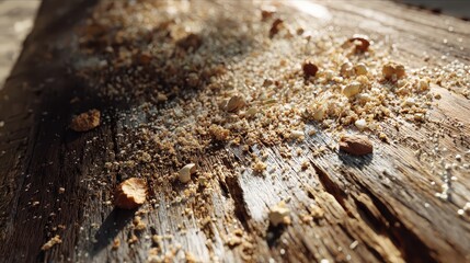 Rustic Breadcrumbs on Wooden Table Macro Texture