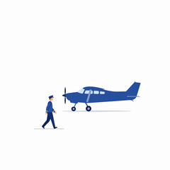 Professional pilot in uniform walking past a small blue single-engine propeller airplane, ready for flight. Aviation career and travel concept.