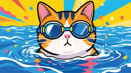 Cute Cat Wearing Glasses Soaking in the Sea Illustrator Artwork Banner Background Design Template 