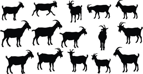 Goat silhouettes vector set, domestic farm animals illustration, black livestock icons, rural nature design, agriculture graphics for countryside, grazing goats artwork collection