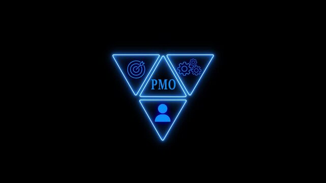A luminous neon pmo icon stands out against a dark background, symbolizing project management office with a futuristic and modern design, featuring vibrant blue lines