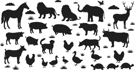 Animal silhouettes vector set, farm animals and wildlife collection, domestic animals icons, black simple design, nature illustration for decor, livestock and wild creatures graphics