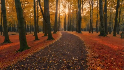 Autumn Forest Path Covered with Fallen Leaves and Sunset Light