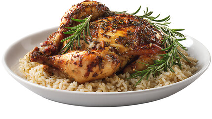 Roasted chicken with rice and rosemary isolated on transparent background