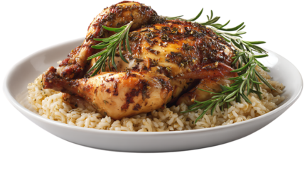 Roasted chicken with rice and rosemary isolated on transparent background