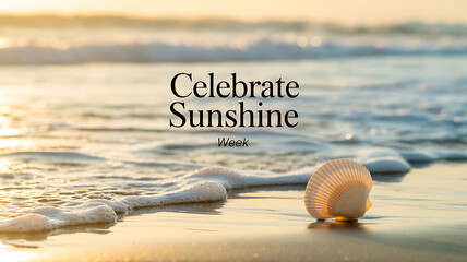 Seashell on sandy beach with gentle waves and golden sunlight during sunrise or sunset