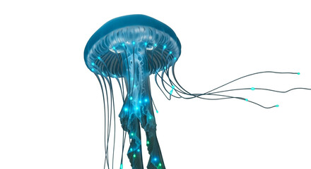 A 3d render of a bioluminescent jellyfish with blue glowing lights isolated on white background the jellyfish is floating in the water with its tentacles
