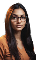 Fototapeta premium A South Asian woman with long hair and stylish glasses, her expression calm and thoughtful, illuminated by glowing light patterns
