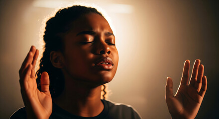 Faithful Portrait of a devout young African American woman in a moment of sincere prayer with eyes closed and hands raised in worshipful light, copy space