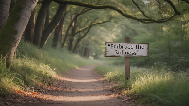 A serene forest path with a wooden sign reading 'Embrace the Stillness' amidst tall trees and soft sunlight. - Powered by Adobe