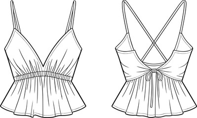 Women camisole top flat sketch, trendy strappy blouse technical drawing, stylish summer wear template, fashion apparel design outline, garment vector illustration
