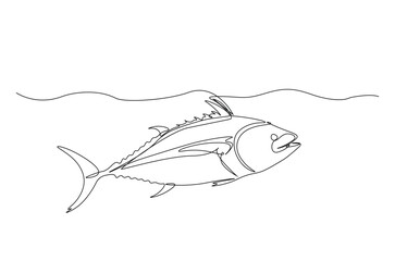 Tuna fish in continuous one line drawing. Single line art illustration of tuna fish. Editable vector.