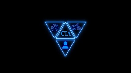 A glowing blue triangular interface with icons representing target, cta text, settings, and a user icon, all set against a dark background, creating a futuristic and techoriented visual element - Powered by Adobe