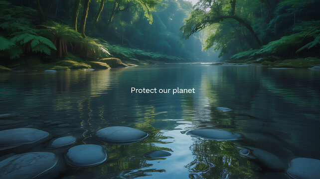 Serene forest stream with sunlight filtering through trees and stepping stones in water, promoting environmental conservation - Powered by Adobe