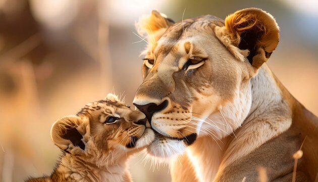 A lioness tenderly nuzzles her young cub in soft golden light - Powered by Adobe