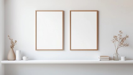 Fototapeta premium Mock up poster frame in interior background with decor on shelf, 3d render