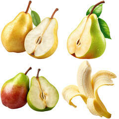 Vibrant collection featuring whole and sliced pears plus peeled banana on transparent background