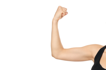 A person flexes their arm to show strength, isolated, PNG