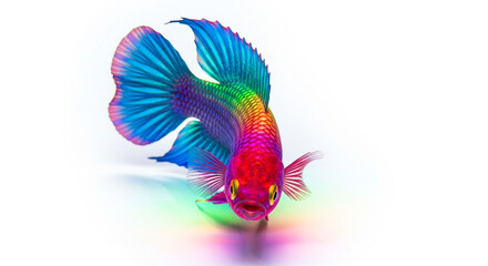A stunning rainbow colored fish swimming gracefully, isolated on white background, showcasing the mesmerizing beauty and vibrant hues of aquatic life in a captivating display