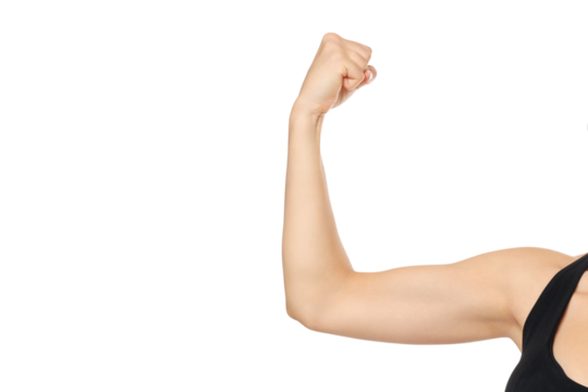 A person flexes their arm to show strength, isolated, PNG