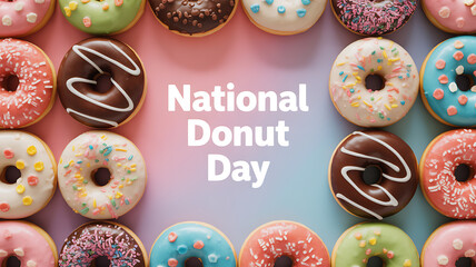 Colorful assortment of decorated donuts celebrating National Donut Day