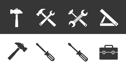 Set of Tool Icons in Silhouette on a Black and White Background for Design