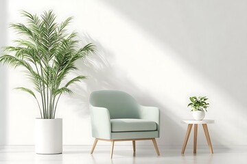 Interior with armchair, side table, and potted plants against a white wall backdrop
