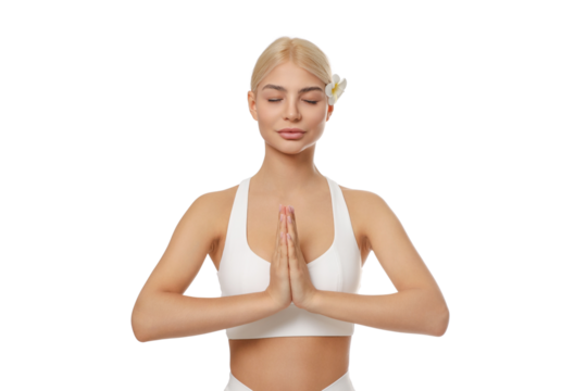 Woman in white doing yoga in prayer pose, isolated, PNG