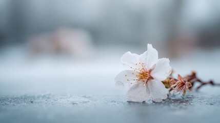 Fototapeta premium Delicate Cherry Blossom on Frosty Surface in Soft Focus Background