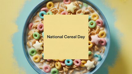 A bowl of colorful cereal with milk, featuring star-shaped and ring-shaped pieces, celebrating National Cereal Day.