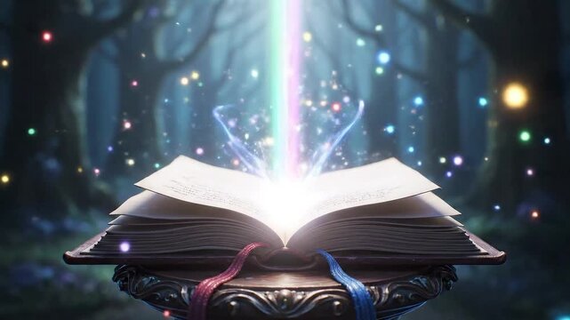 Mystical open book with glowing light and magical sparks in a dark enchanted forest