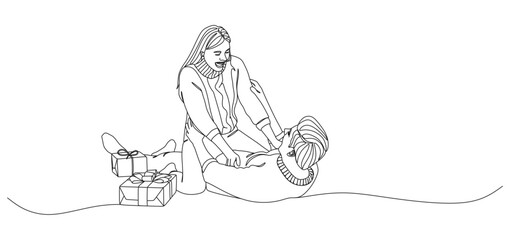 Minimalist continuous line drawing of a couple playing and laughing together on the floor with gift boxes beside them. The man is lying down while the woman is on top, holding his hands in a joyful