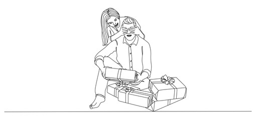 One line drawing of a couple celebrating Christmas, where the woman playfully covers the man’s eyes while surprising him with gift boxes. Minimalist continuous line art illustration symbolizing love