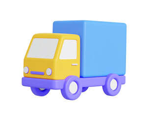 Fototapeta premium Cheerful delivery truck with yellow cab and blue container on transparent background