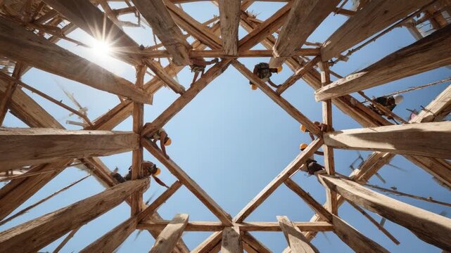 Geometric Skyward: A captivating overhead view of a wooden structure under construction, framing the vibrant blue sky with an intricate geometric pattern, creating a sense of wonder.