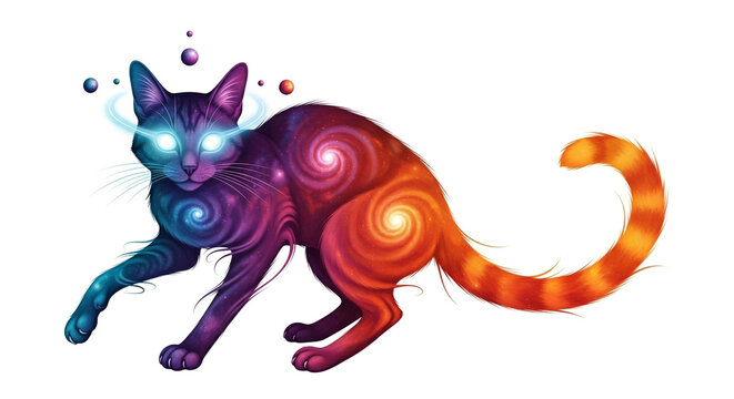 A cosmic galaxy cat isolated on white background, with swirling nebulae patterns and glowing eyes, digital artwork, surreal and imaginative - Powered by Adobe