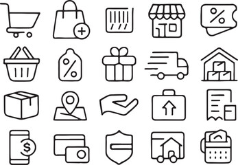 This shopping icons set features a vector illustration of business symbols for web design and internet finance communication