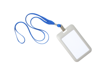 Blank ID badge attached to a blue lanyard, isolated on white, PNG
