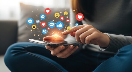 Person using smartphone with social media icons floating around in a colorful digital connection