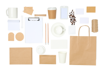 Stationery and packaging are neatly arranged, isolated on white, PNG