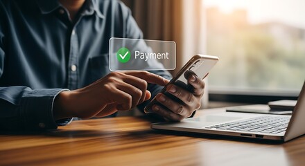 Person using smartphone with digital interface and checkmark overlay in modern workspace setting