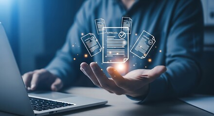 Business professional accessing digital documents and security protocols on a futuristic interface concept