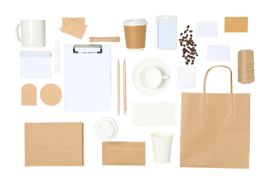 Stationery and packaging are neatly arranged, isolated on white, PNG