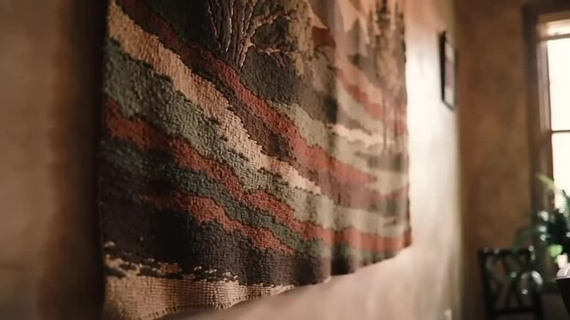 A close-up shot of a woven tapestry hanging on a textured wall, featuring earthy tones and abstract patterns.