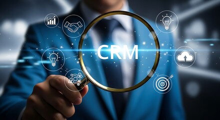 Businessman examines crm digital interface with magnifying glass technology business analysis future