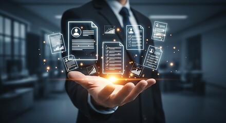 Businessman displays digital information management and data analysis in virtual interface technology concept