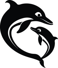 Dolphin and whale silhouette vector illustration in ocean style