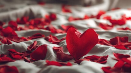 Romantic Rose Petals and Heart: Red Rose Petals Scattered on a White Cloth, Forming a Heart Shape for Valentine's Day.