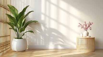 Minimalist home interior with sunlight, houseplant, bamboo screen, flowers, and side table